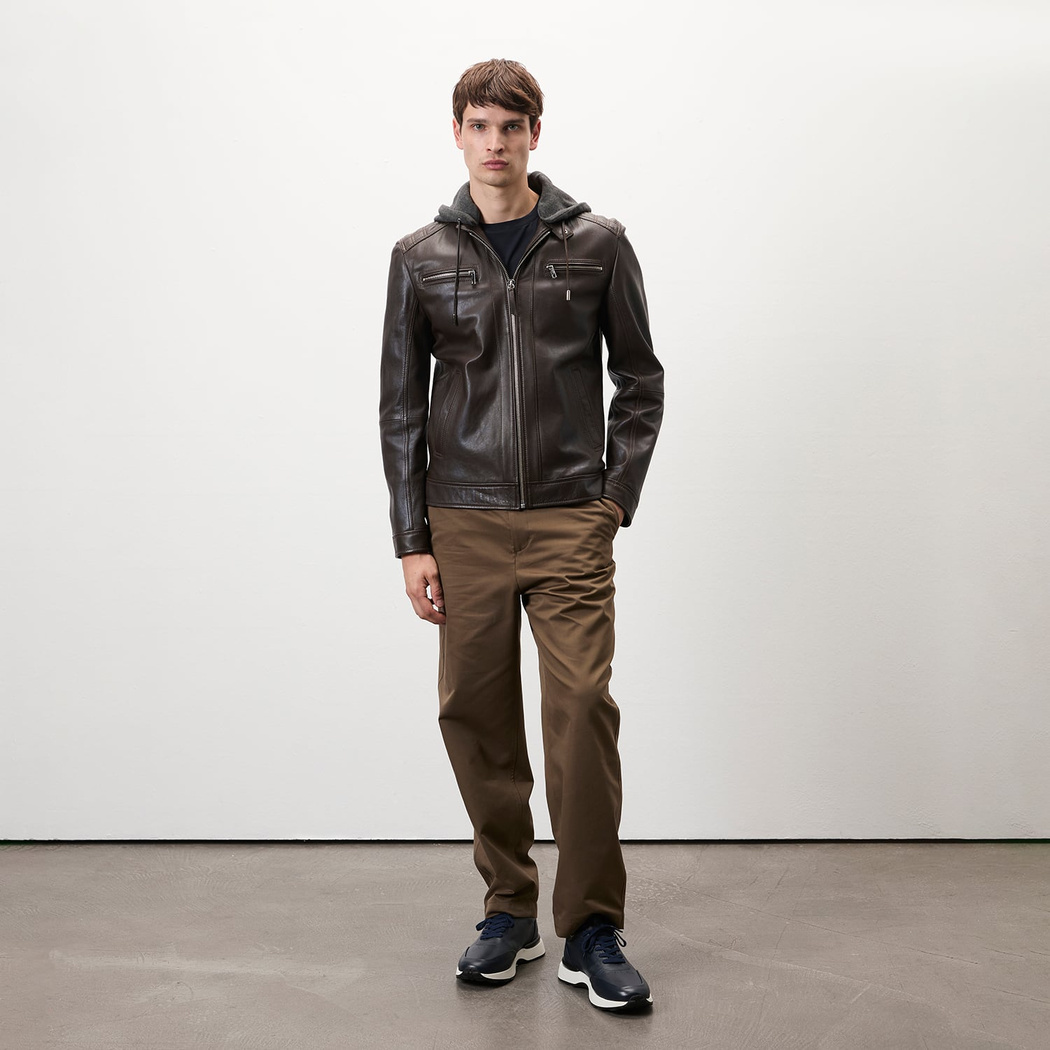 Analu Koyu Kahve Erkek Kapüşonlu Deri Mont