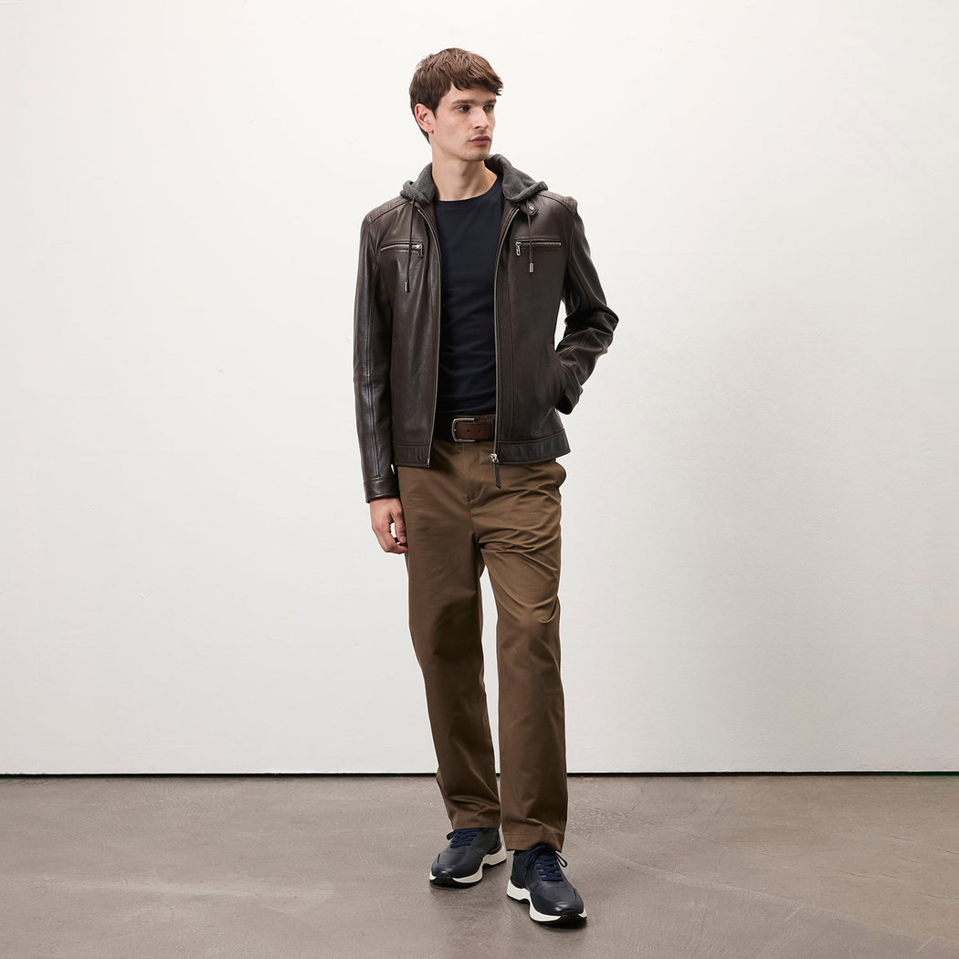 Analu Koyu Kahve Erkek Kapüşonlu Deri Mont