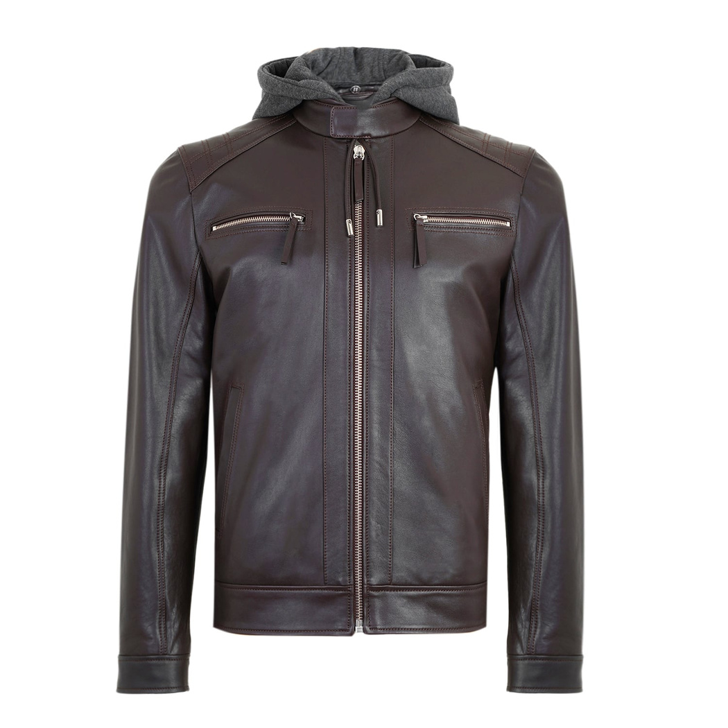 Analu Koyu Kahve Erkek Kapüşonlu Deri Mont