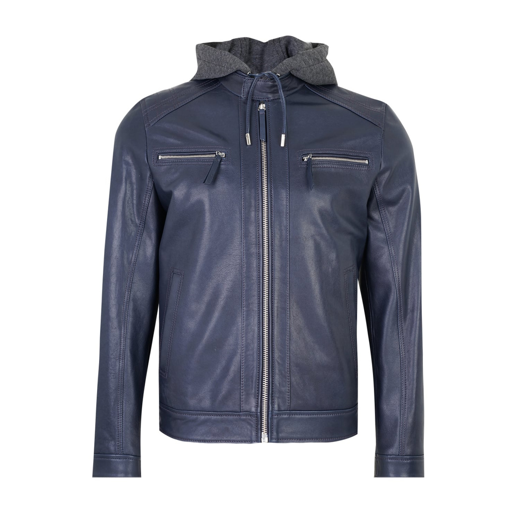 Analu Mavi Erkek Kapüşonlu Deri Mont