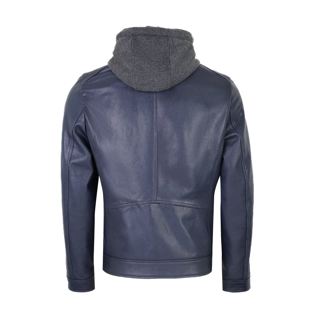 Analu Mavi Erkek Kapüşonlu Deri Mont