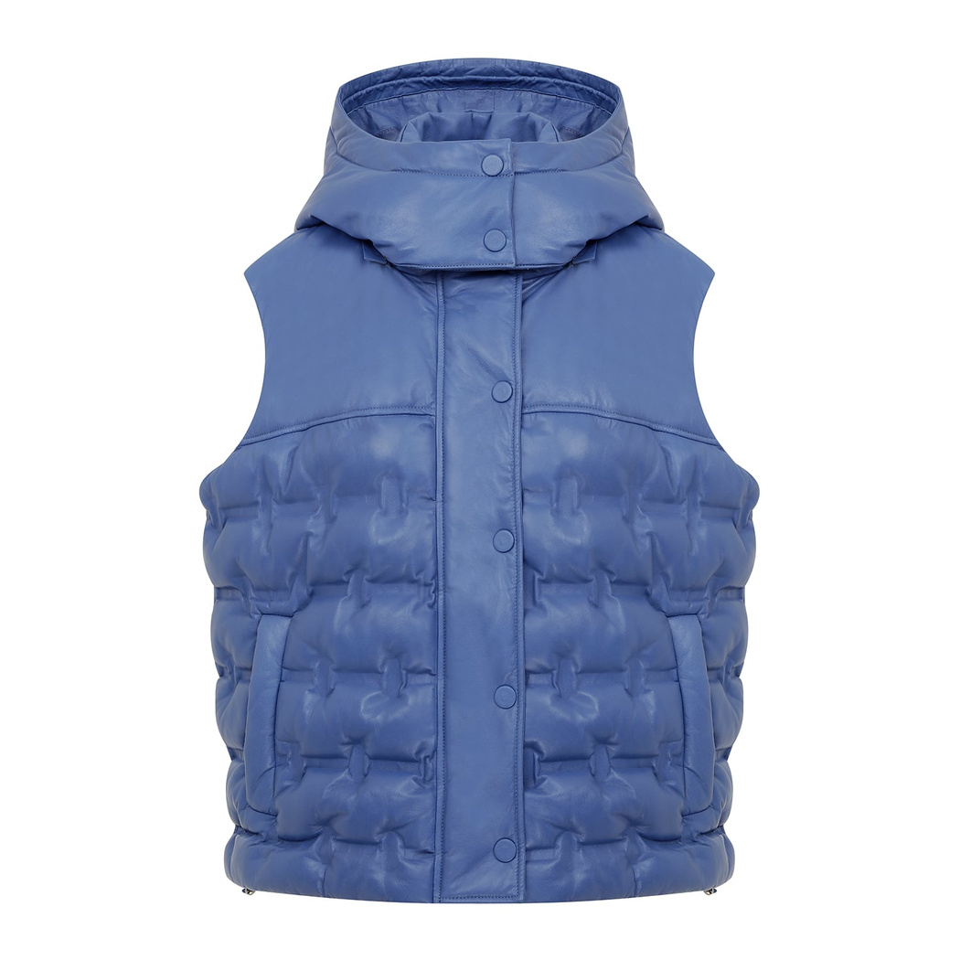 Anitra Mavi Kadın Kapüşonlu Puffer Deri Yelek