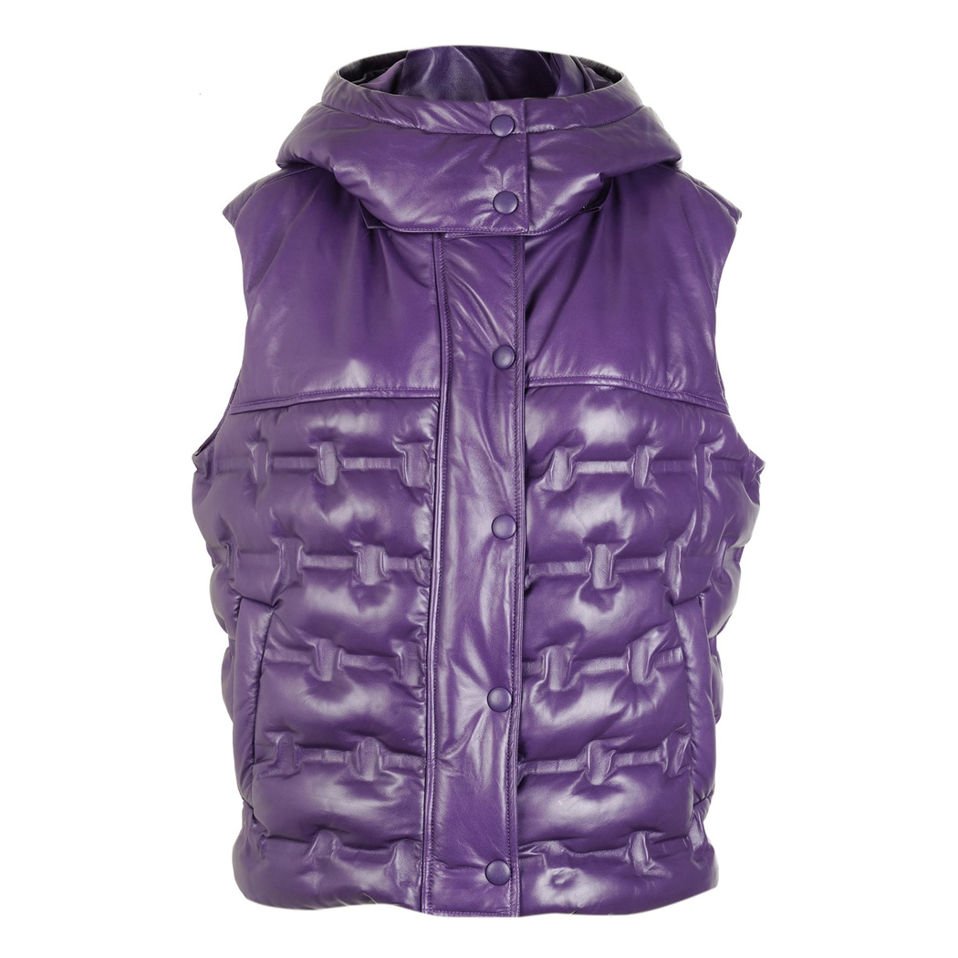 Anitra Mor Kadın Kapüşonlu Puffer Deri Yelek