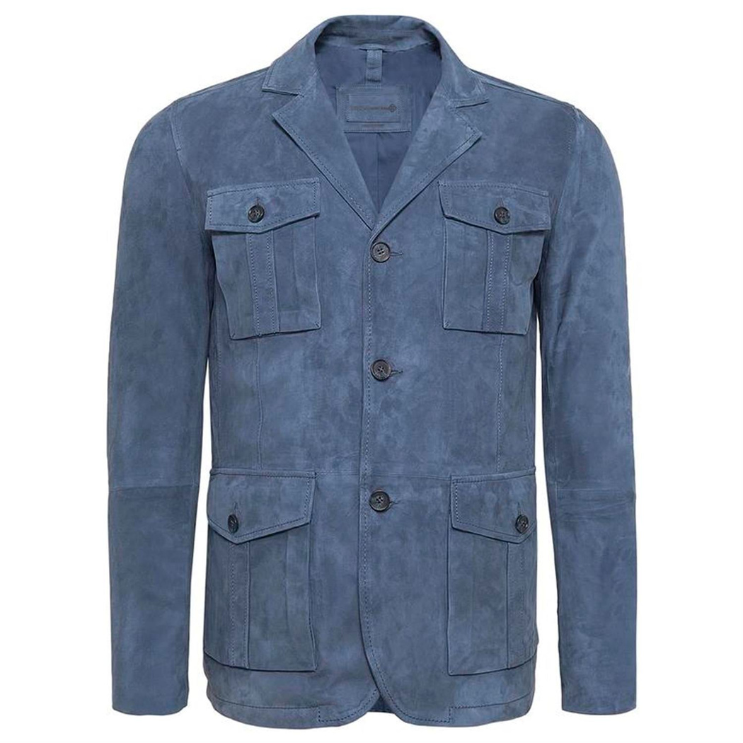 Antonin Mavi Erkek Süet Safari Deri Ceket