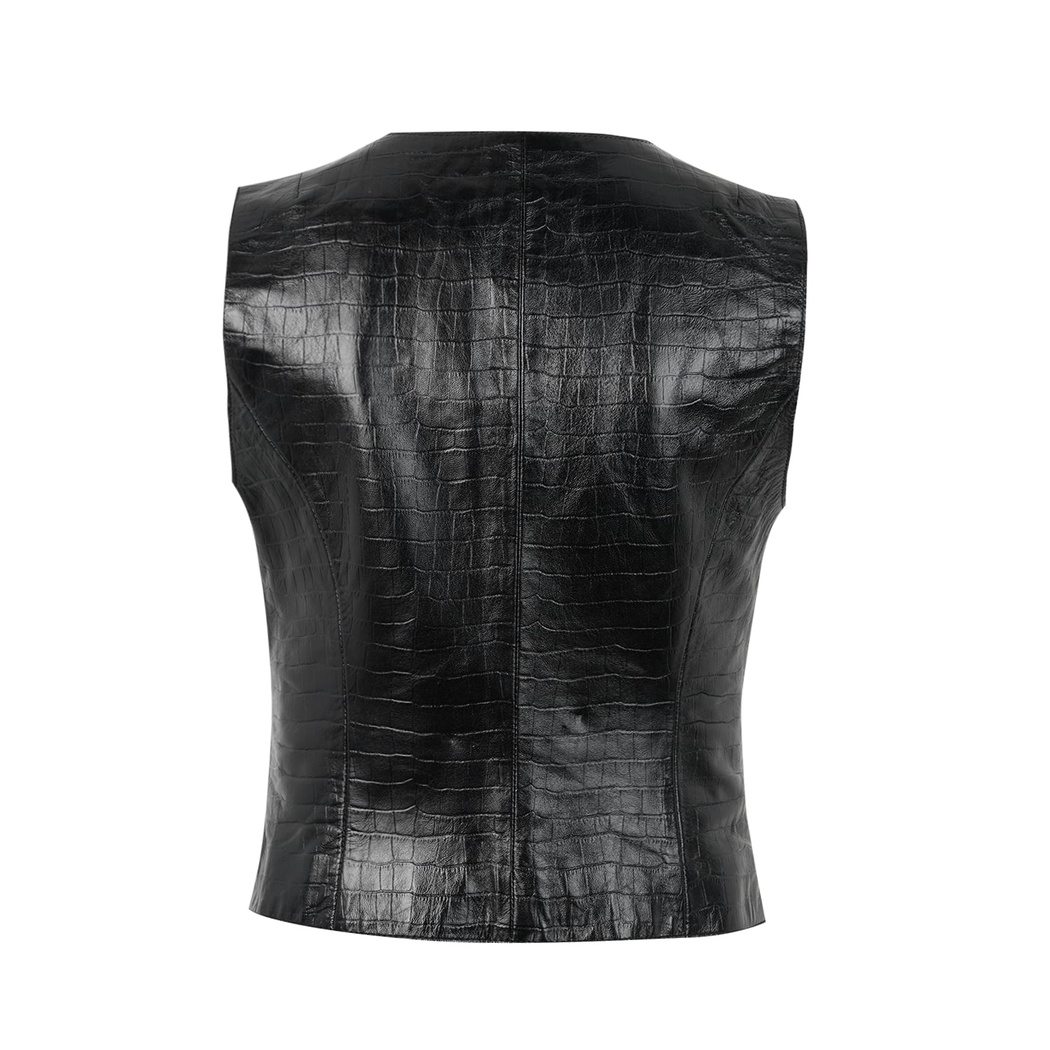 Arnia Siyah Kadın Kroko Baskılı Deri Yelek