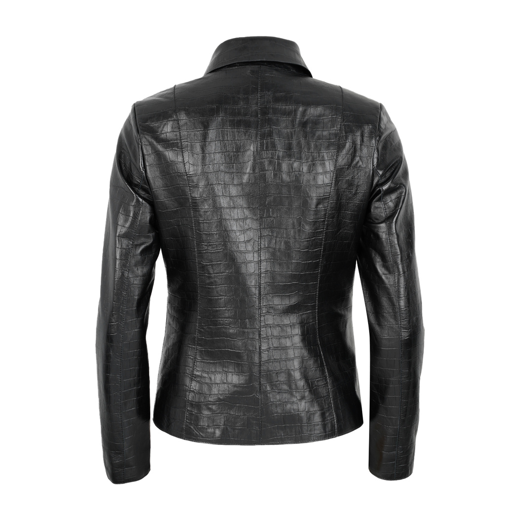 Ayita Siyah Kadın Kroko Baskılı Deri Ceket