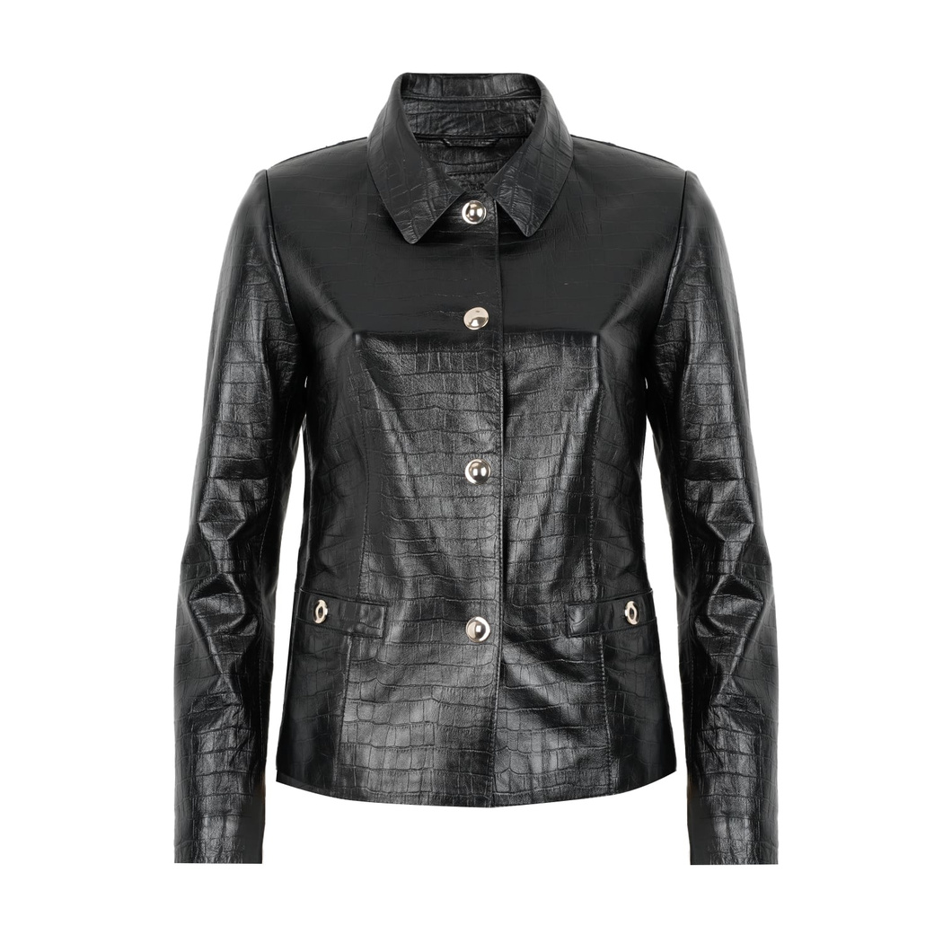 Ayita Siyah Kadın Kroko Baskılı Deri Ceket