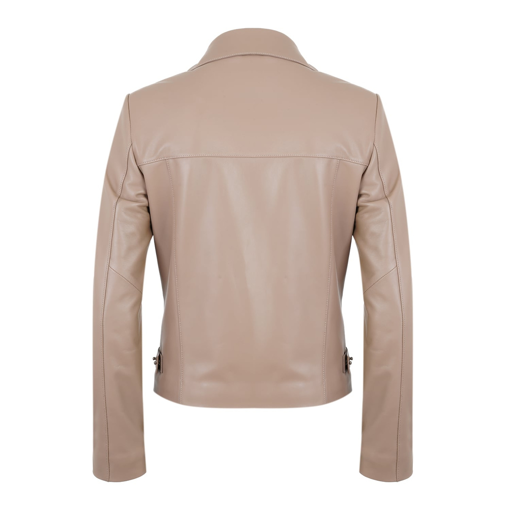Ayunli Bej Kadın Biker Deri Ceket