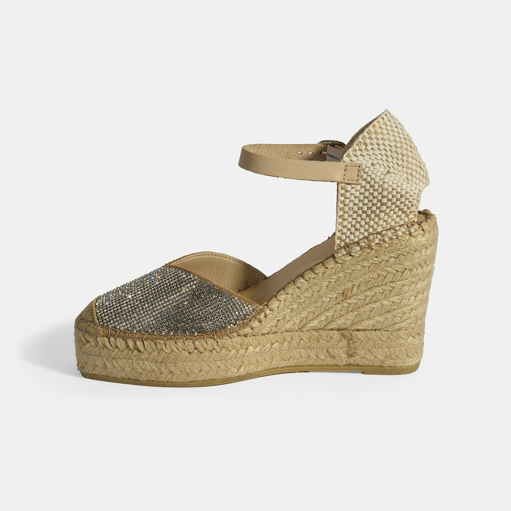 Bej Kadın Toka Aksesuarlı Taş Detaylı Dolgu Topuklu Süet Espadril