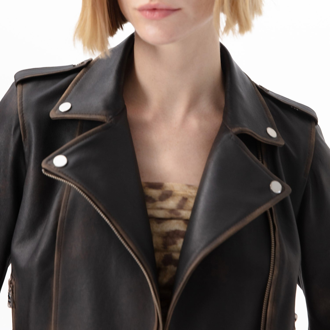 Benvolio Kahve Kadın Vintage Biker Deri Ceket