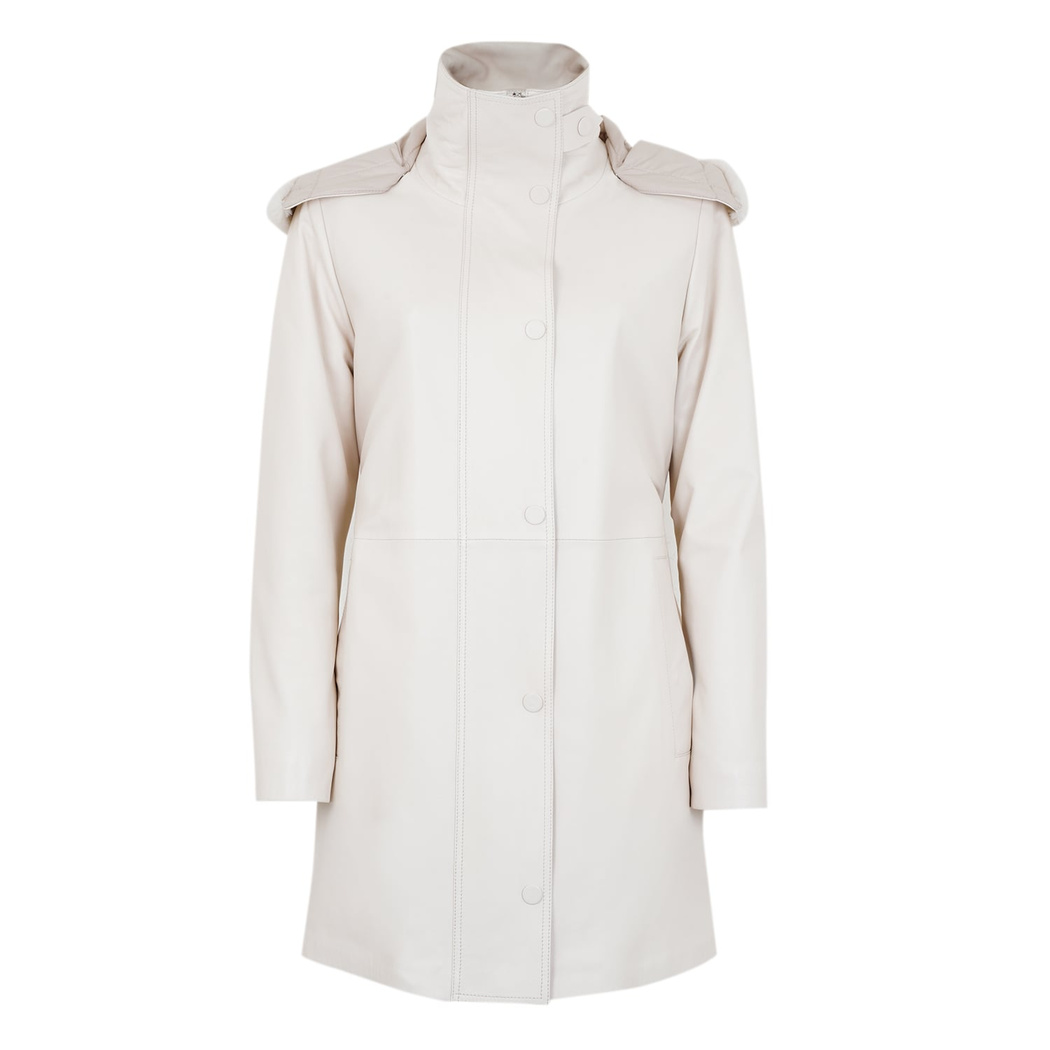 Biana Krem Kadın Kapüşonlu Deri Kaban