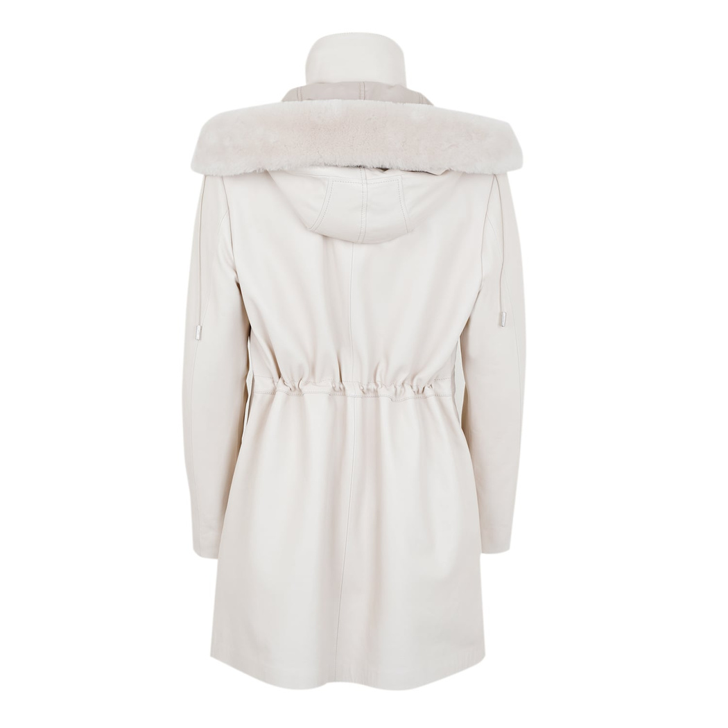 Biana Krem Kadın Kapüşonlu Deri Kaban