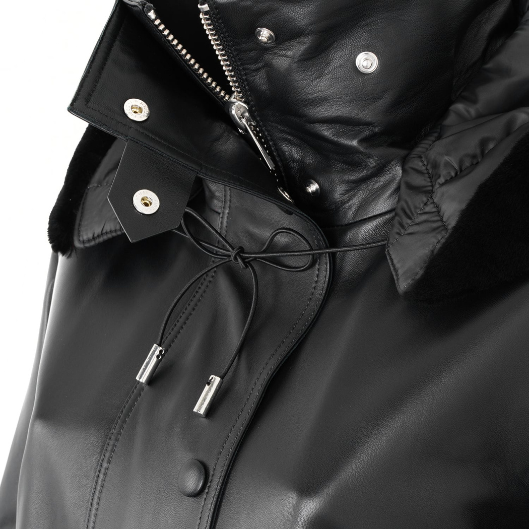 Biana Siyah Kadın Kapüşonlu Deri Kaban