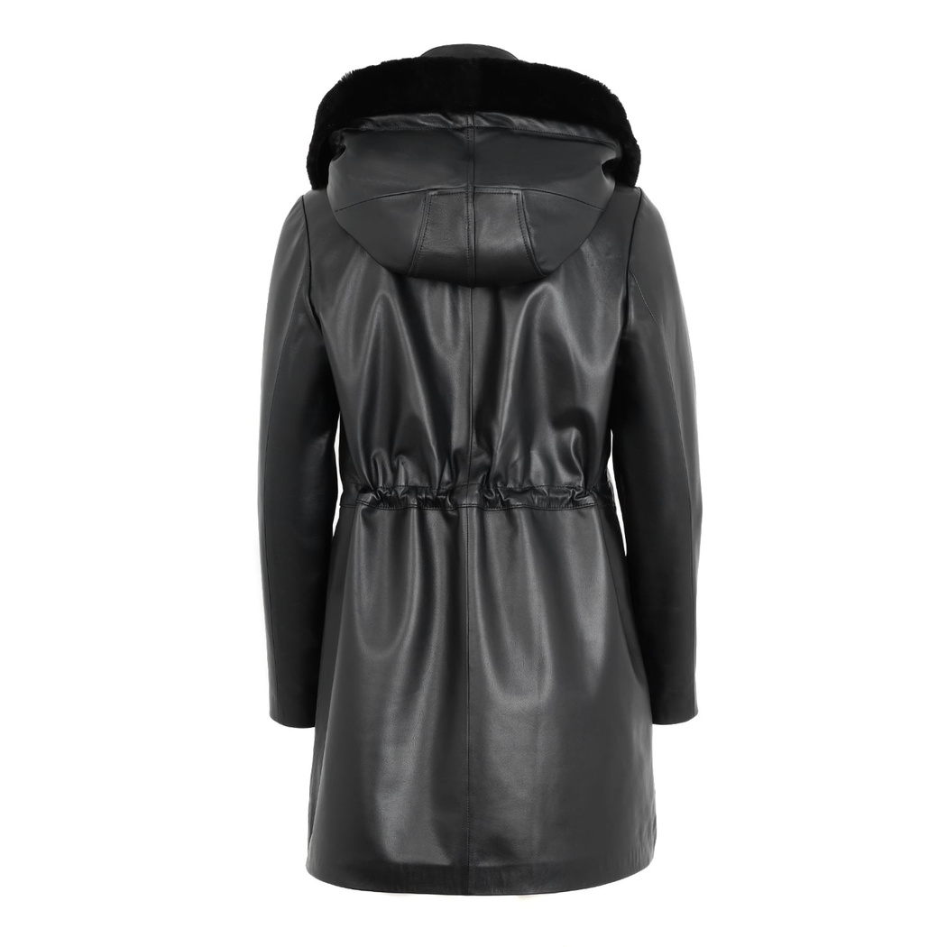 Biana Siyah Kadın Kapüşonlu Deri Kaban