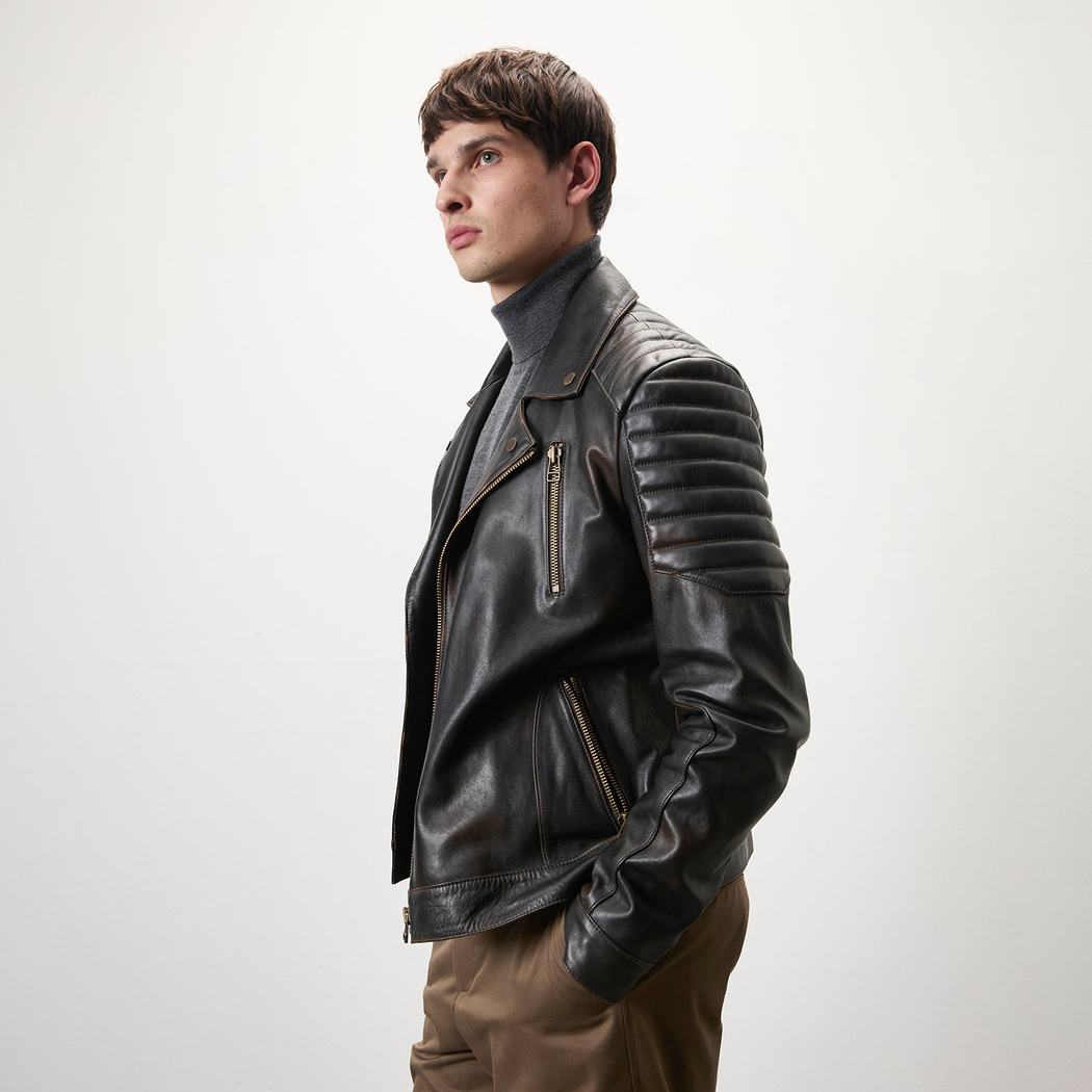 Bill Kahve Erkek Kartallı Vintage Biker Deri Mont