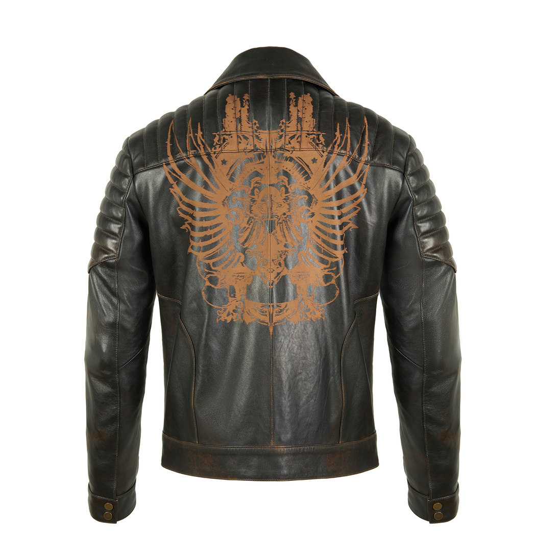 Bill Kahve Erkek Kartallı Vintage Biker Deri Mont