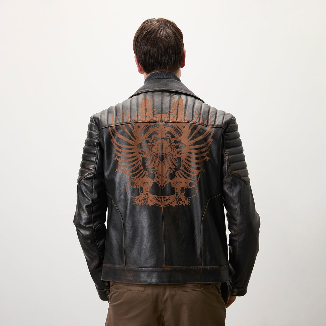 Bill Kahve Erkek Kartallı Vintage Biker Deri Mont