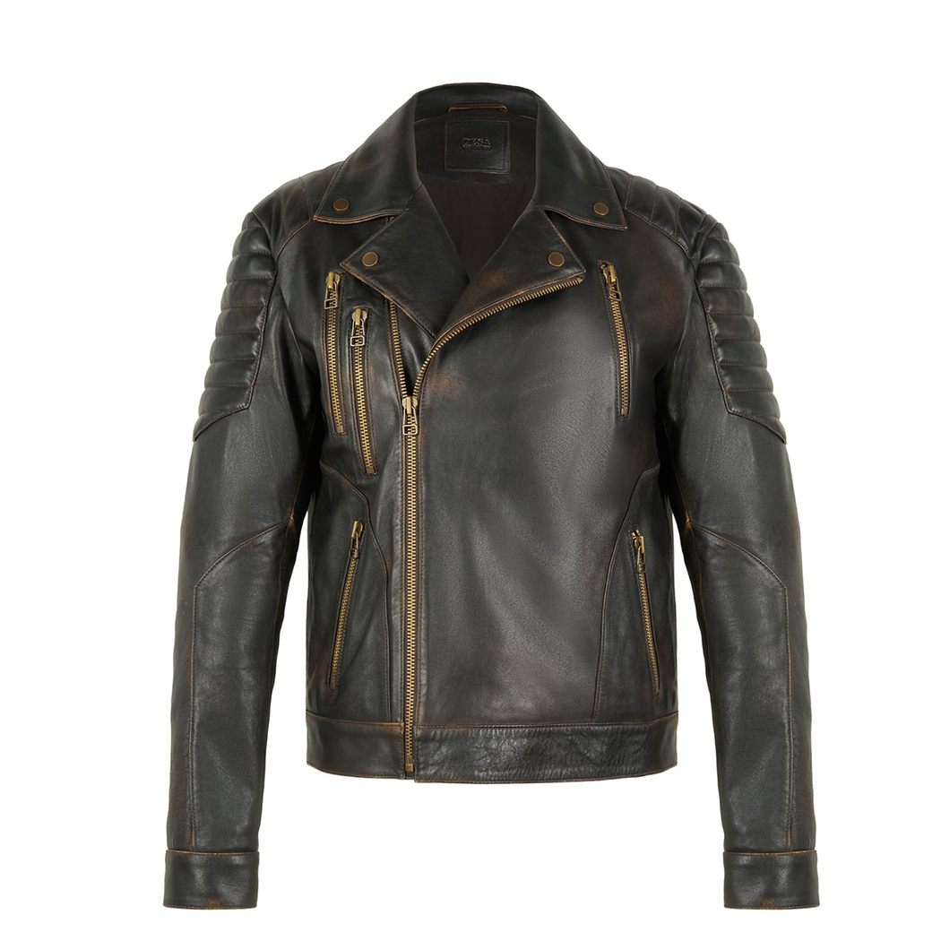 Bill Kahve Erkek Kartallı Vintage Biker Deri Mont