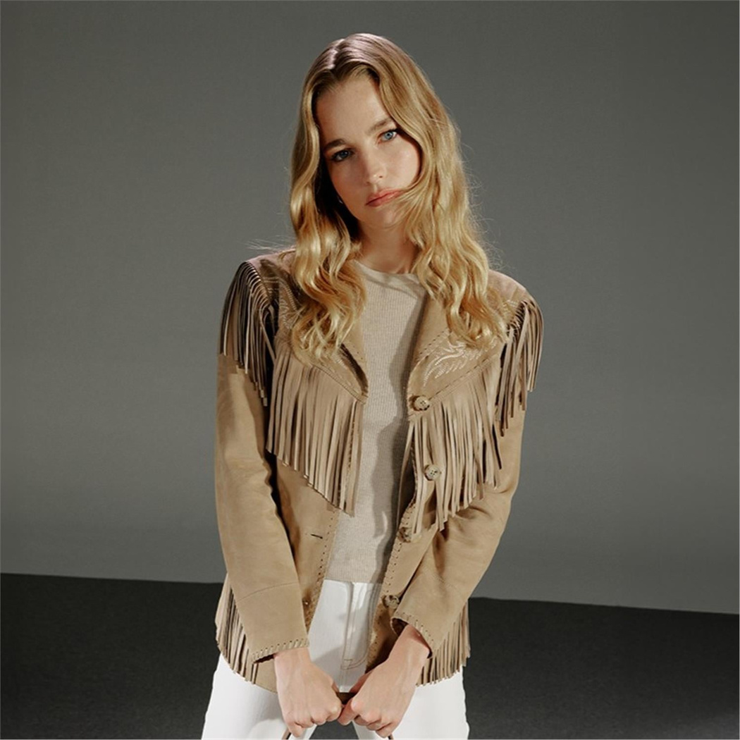 Breahne Bej Kadın Püsküllü Western Deri Ceket
