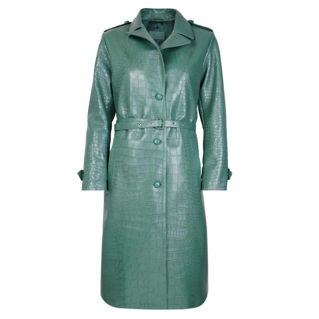 Briona Yeşil Kadın Kroko Baskılı Deri Trençkot