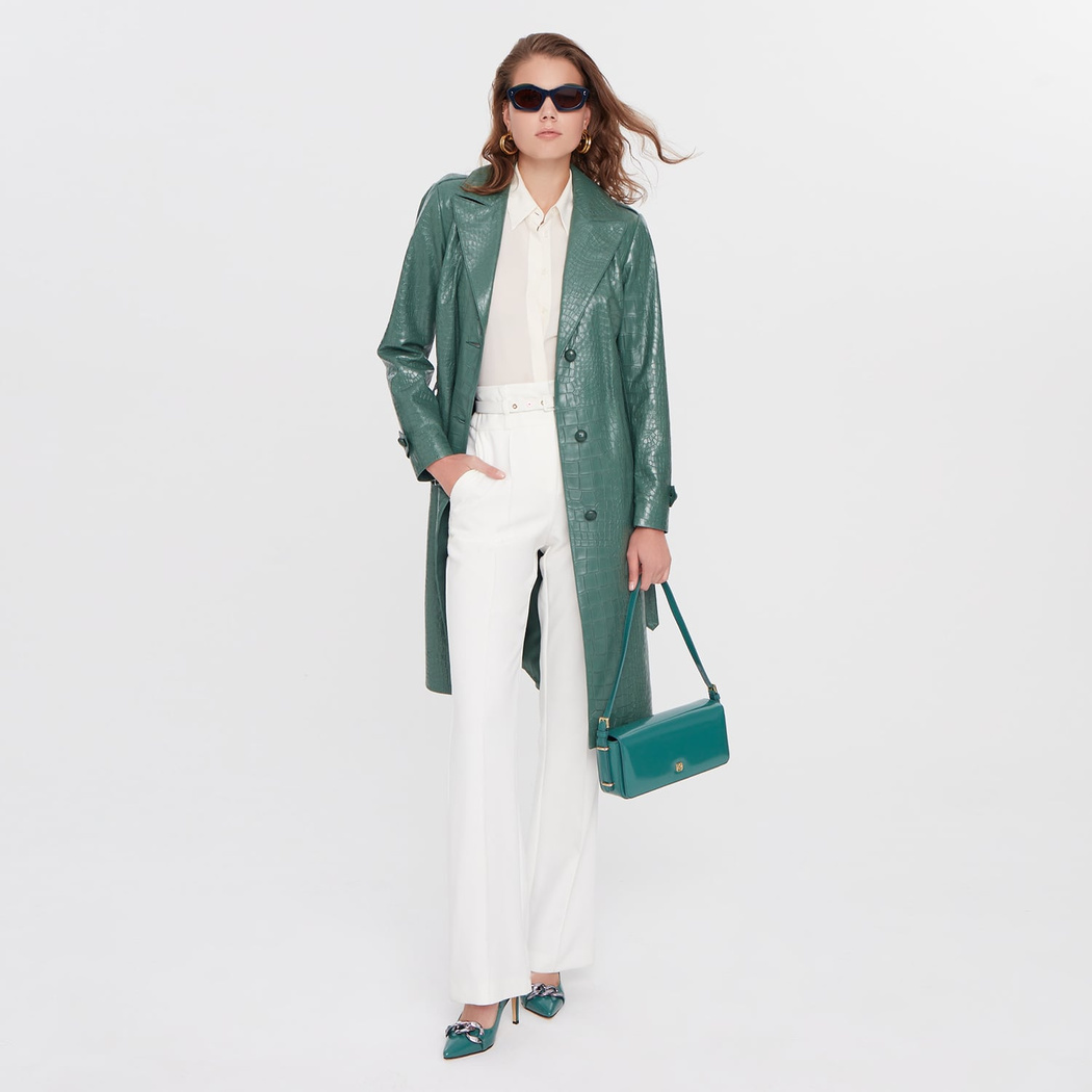 Briona Yeşil Kadın Kroko Baskılı Deri Trençkot