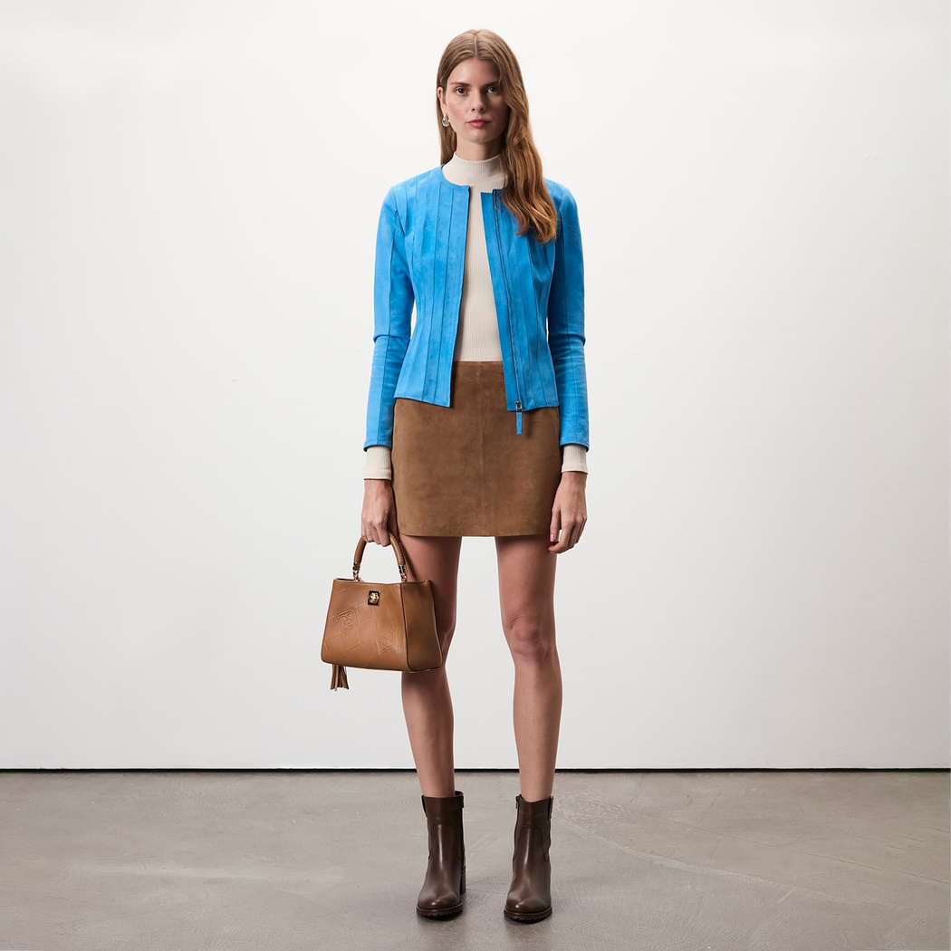 Deundria Mavi Kadın Panelli Fit Süet Ceket