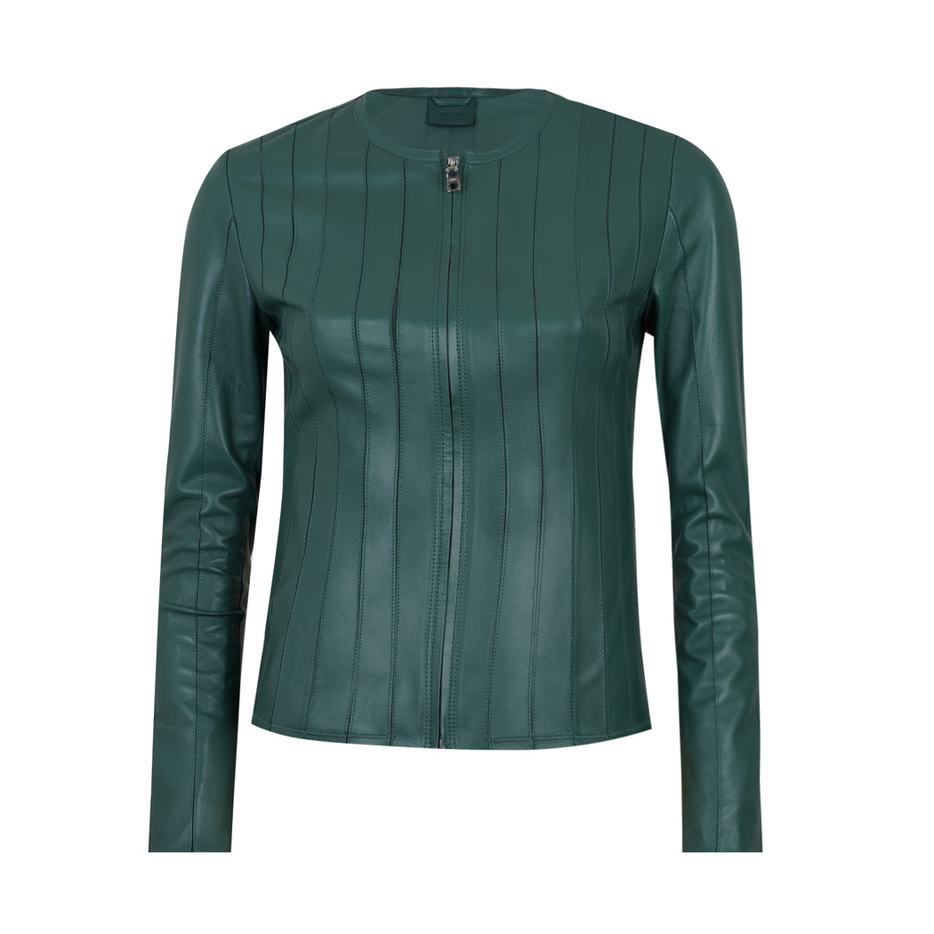 Deundria Yeşil Kadın Fit Panelli Deri Ceket