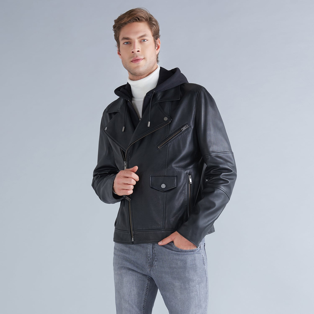 Elba Erkek Kapüşonlu Deri Ceket