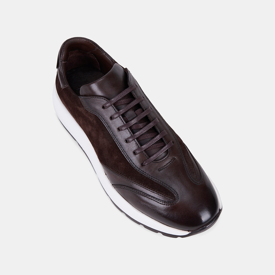 Erkek Acı Kahve Bağcıklı Süet Detaylı Deri Sneaker