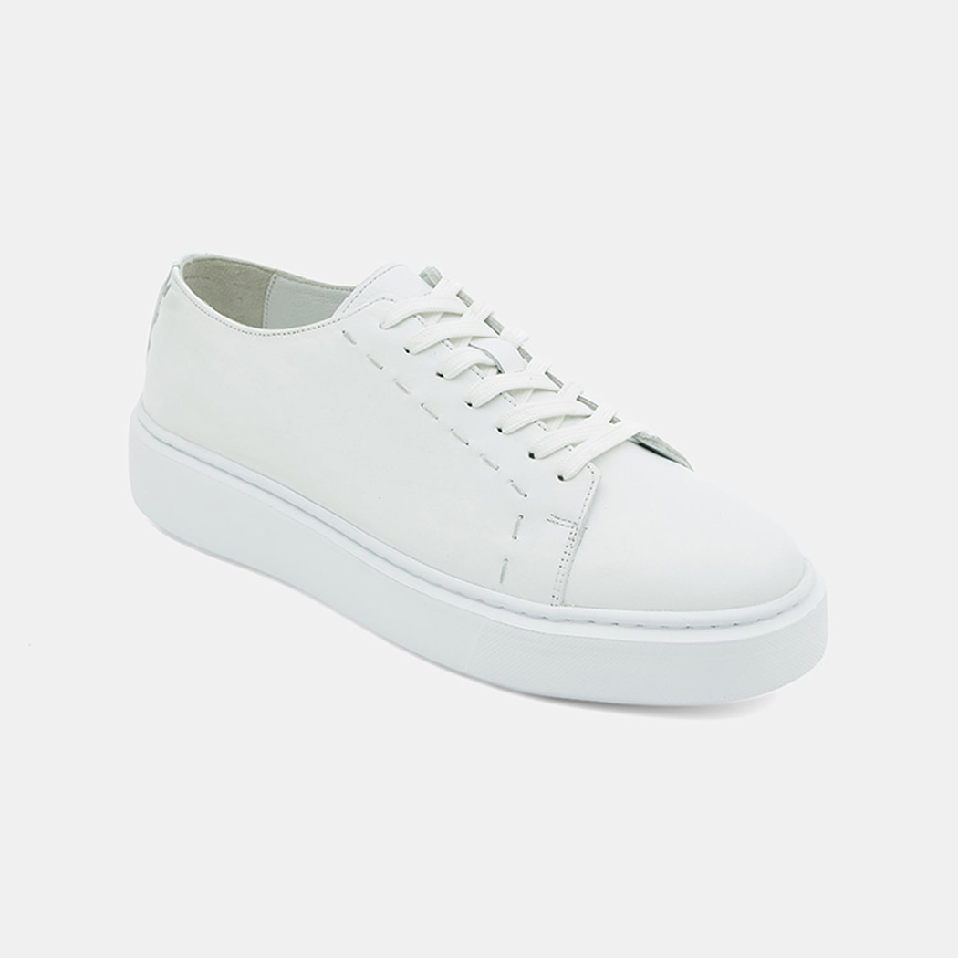 Erkek Beyaz Bağcıklı Kalın Tabanlı Deri Spor Ayakkabı