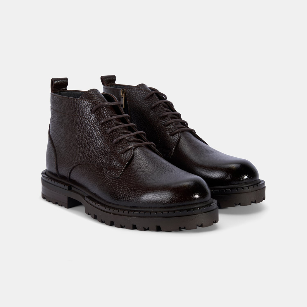 Erkek Kahve Bağcıklı Kalın Tabanlı Deri Postal Bot