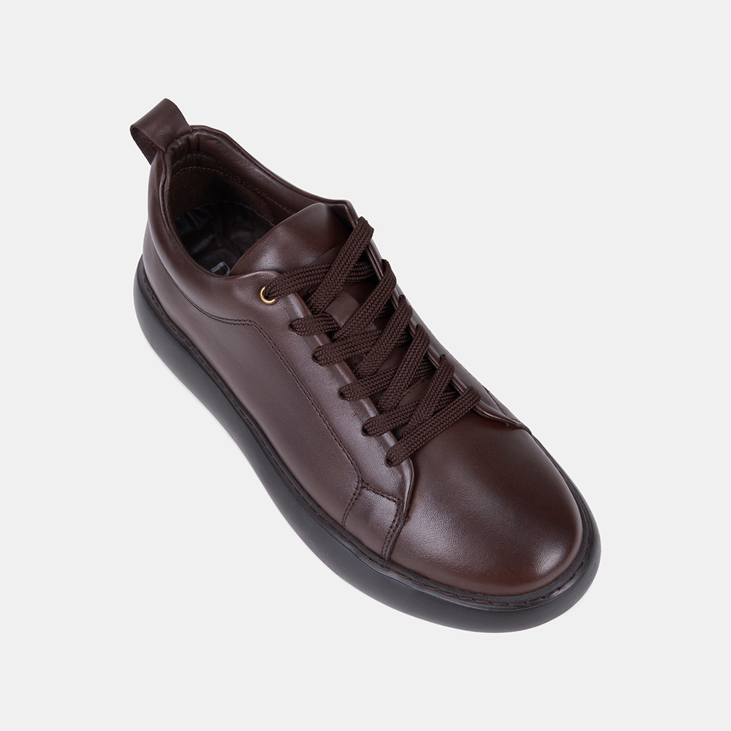 Erkek Kahve Bağcıklı Kalın Tabanlı Deri Sneaker