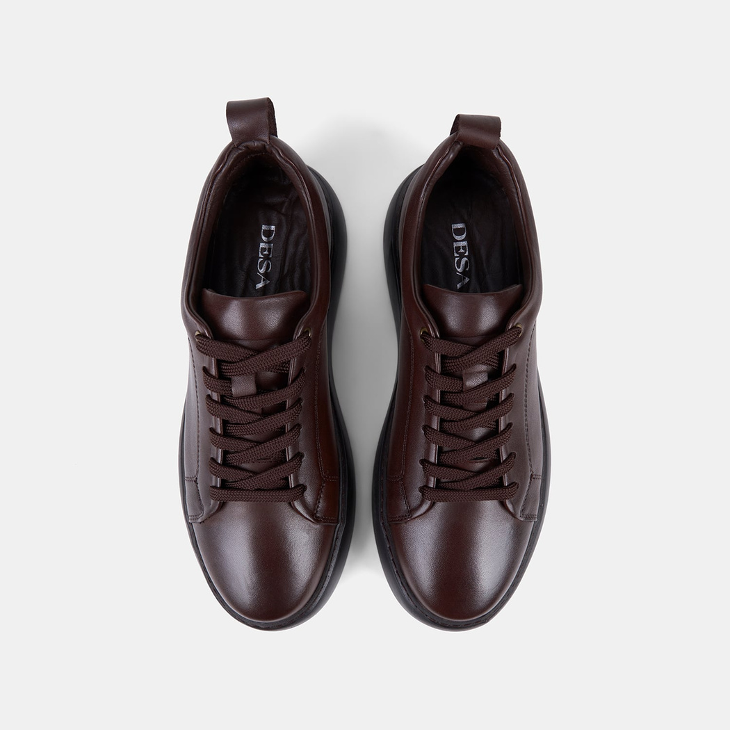 Erkek Kahve Bağcıklı Kalın Tabanlı Deri Sneaker