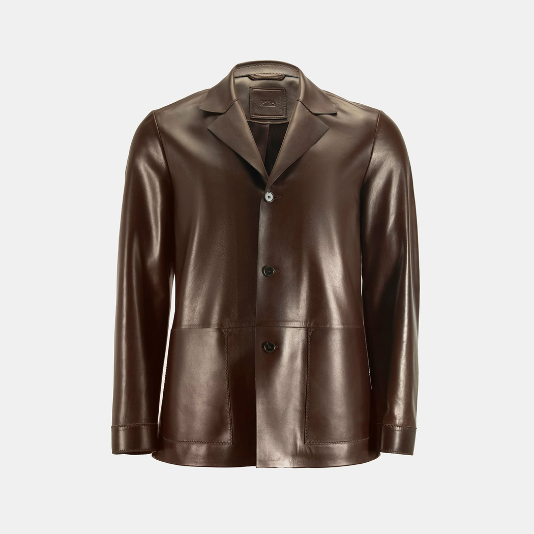 Erkek Kahve Gömlek Yaka Deri Blazer Ceket