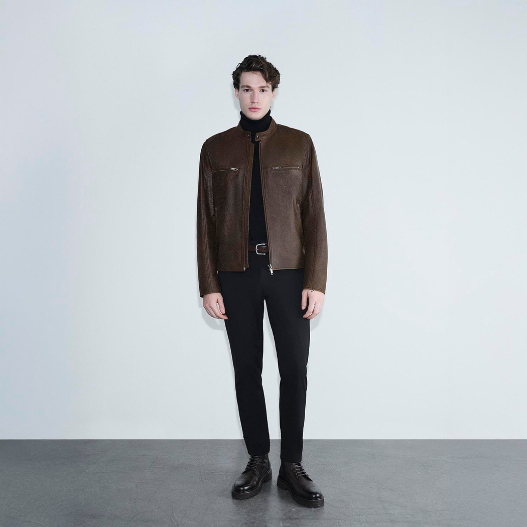 Erkek Kahve Hakim Yakalı Fit Deri Ceket