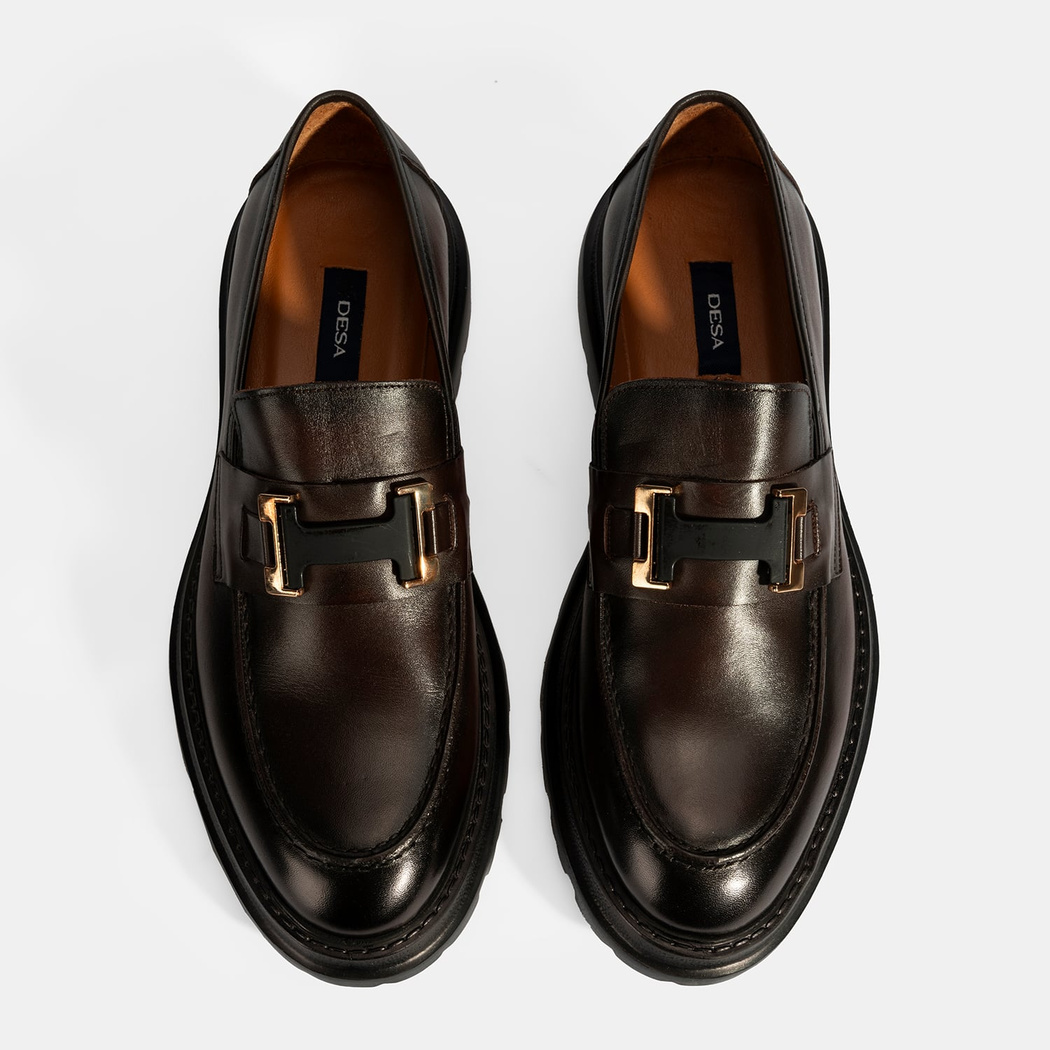 Erkek Kahve Metal Toka Detaylı Deri Loafer