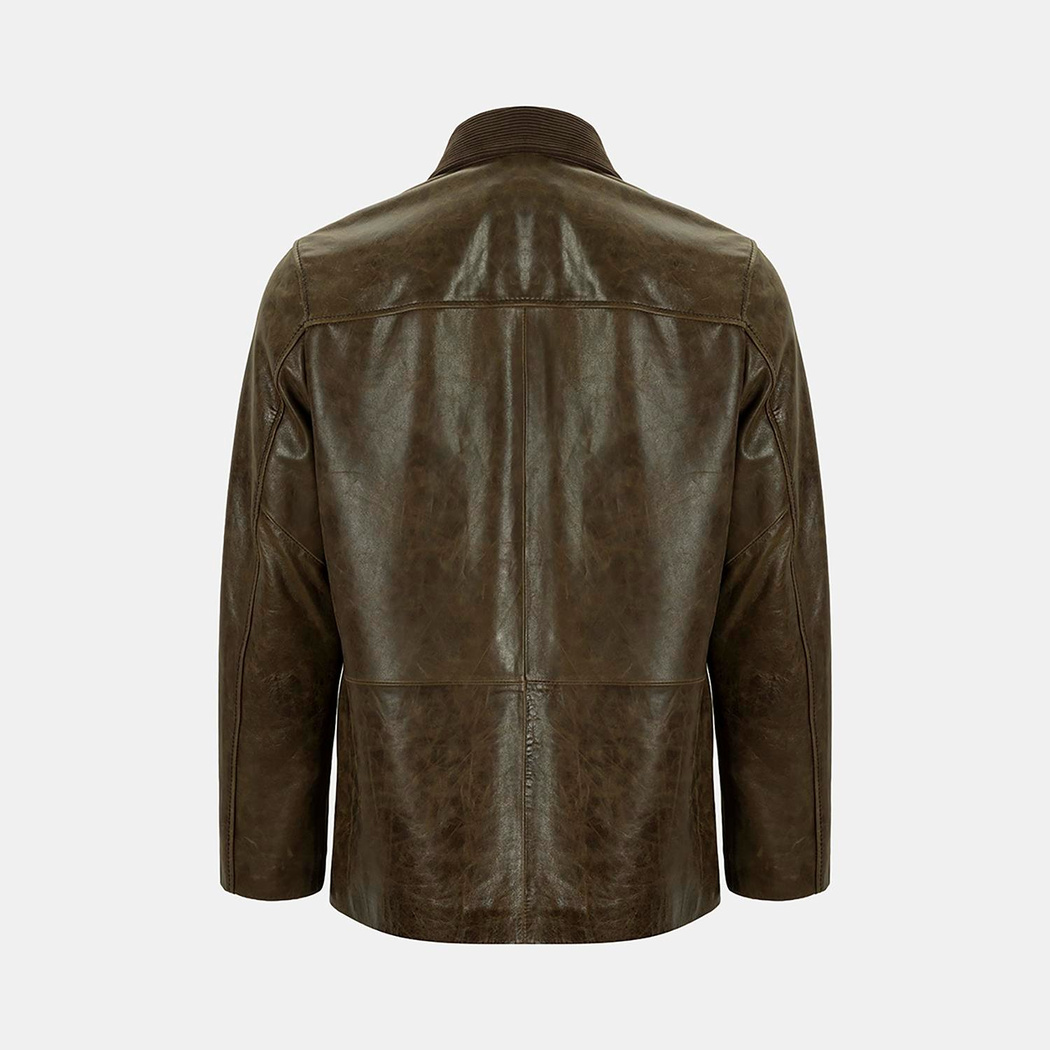 Erkek Koyu Yeşil Gömlek Yakalı Deri Mont