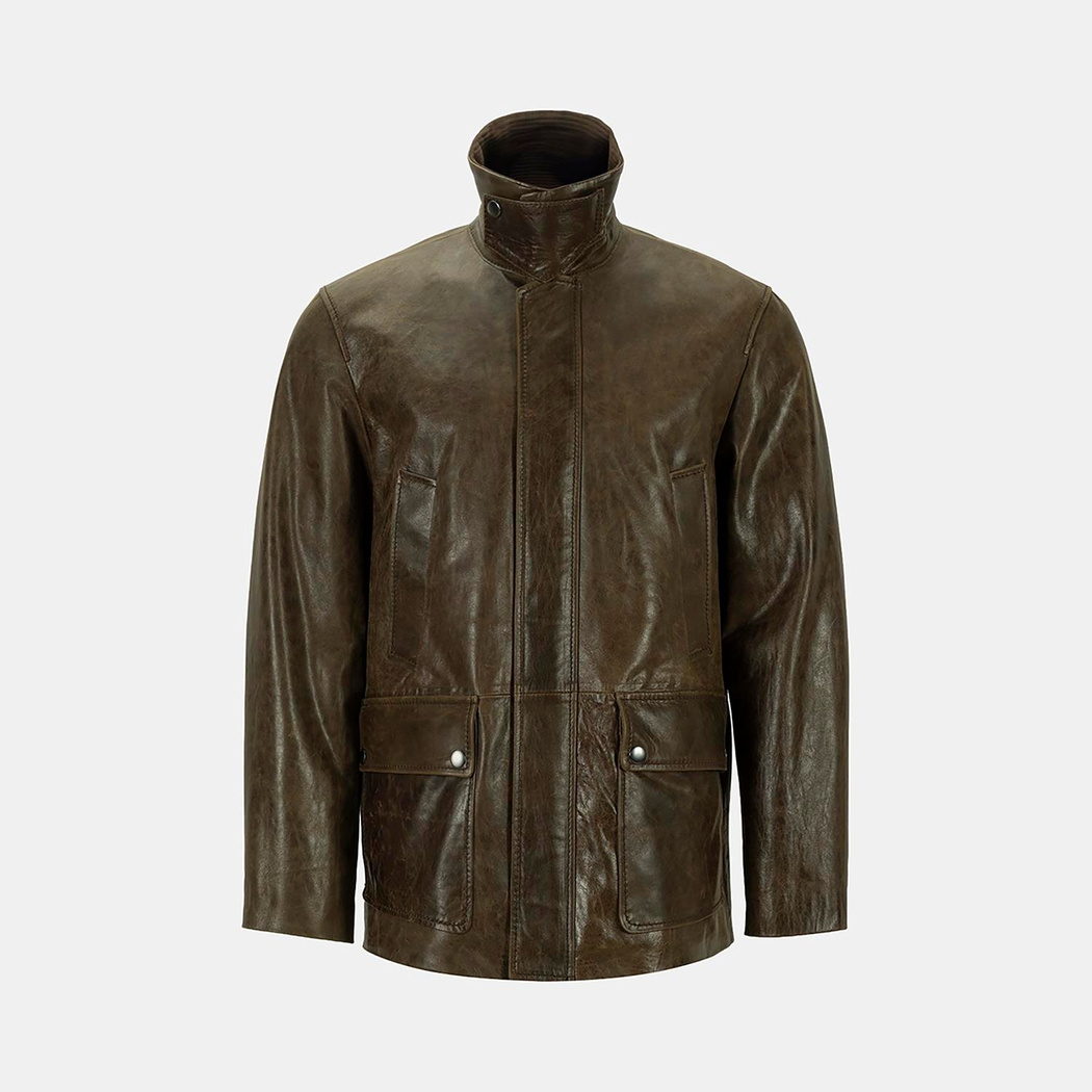 Erkek Koyu Yeşil Gömlek Yakalı Deri Mont