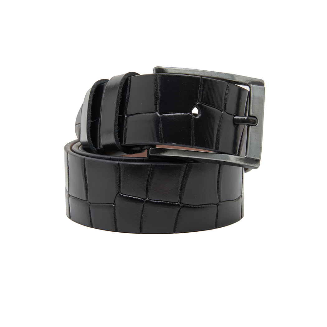 Erkek Kroko Baskılı Deri Siyah Kemer