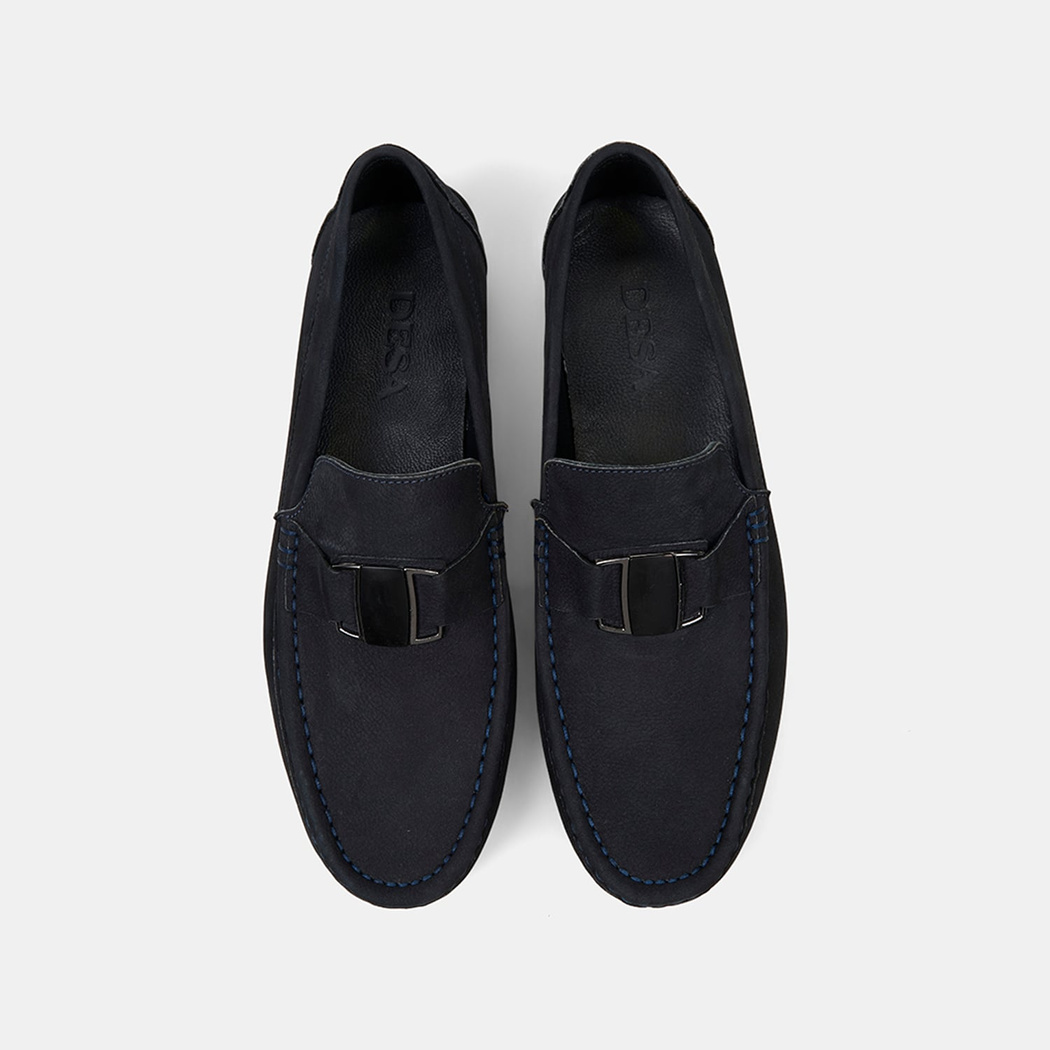 Erkek Lacivert Metal Aksesuarlı Nubuk Deri Loafer