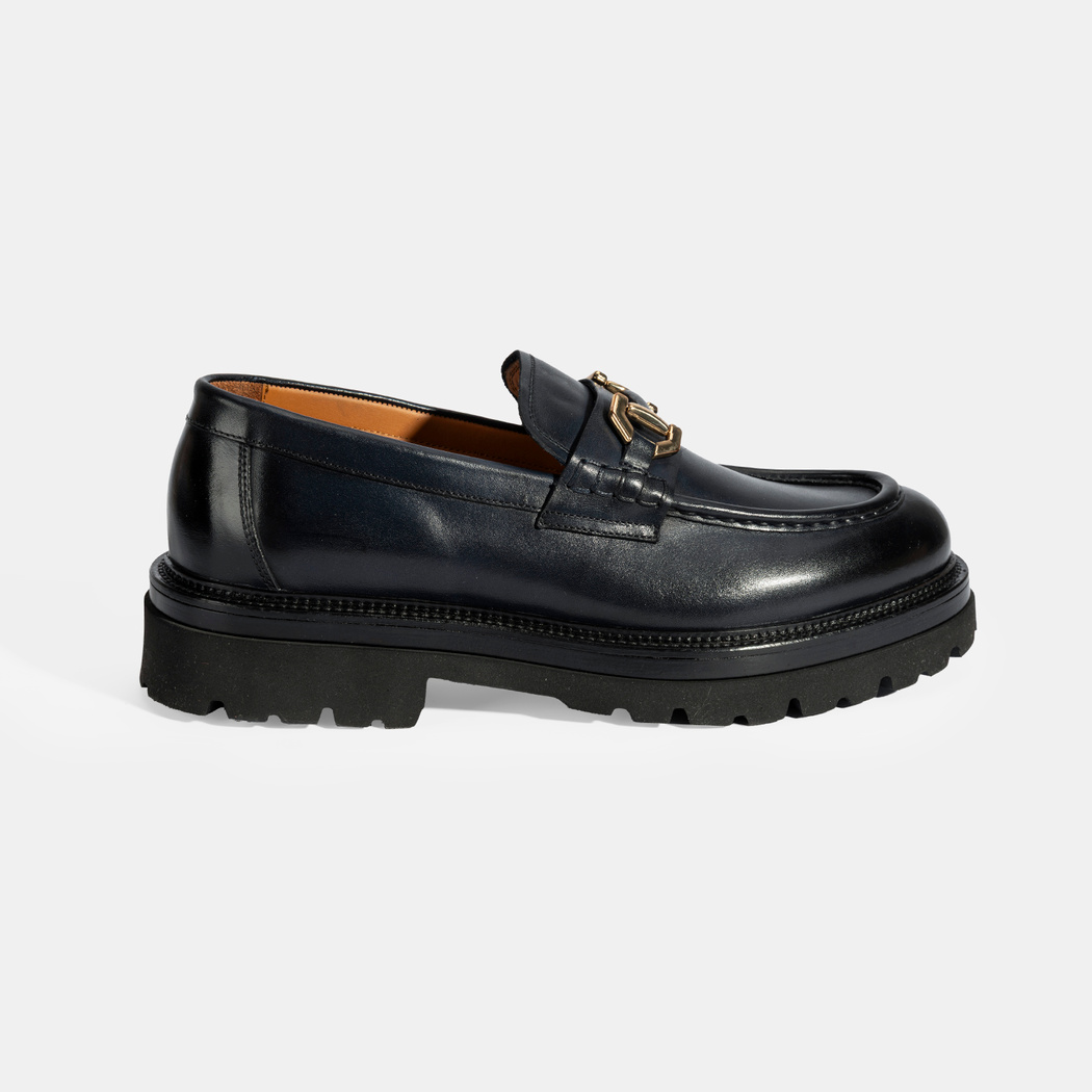 Erkek Lacivert Metal Toka Detaylı Deri Loafer