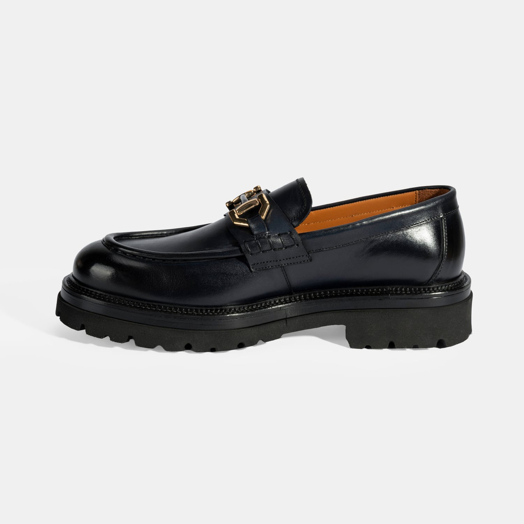Erkek Lacivert Metal Toka Detaylı Deri Loafer