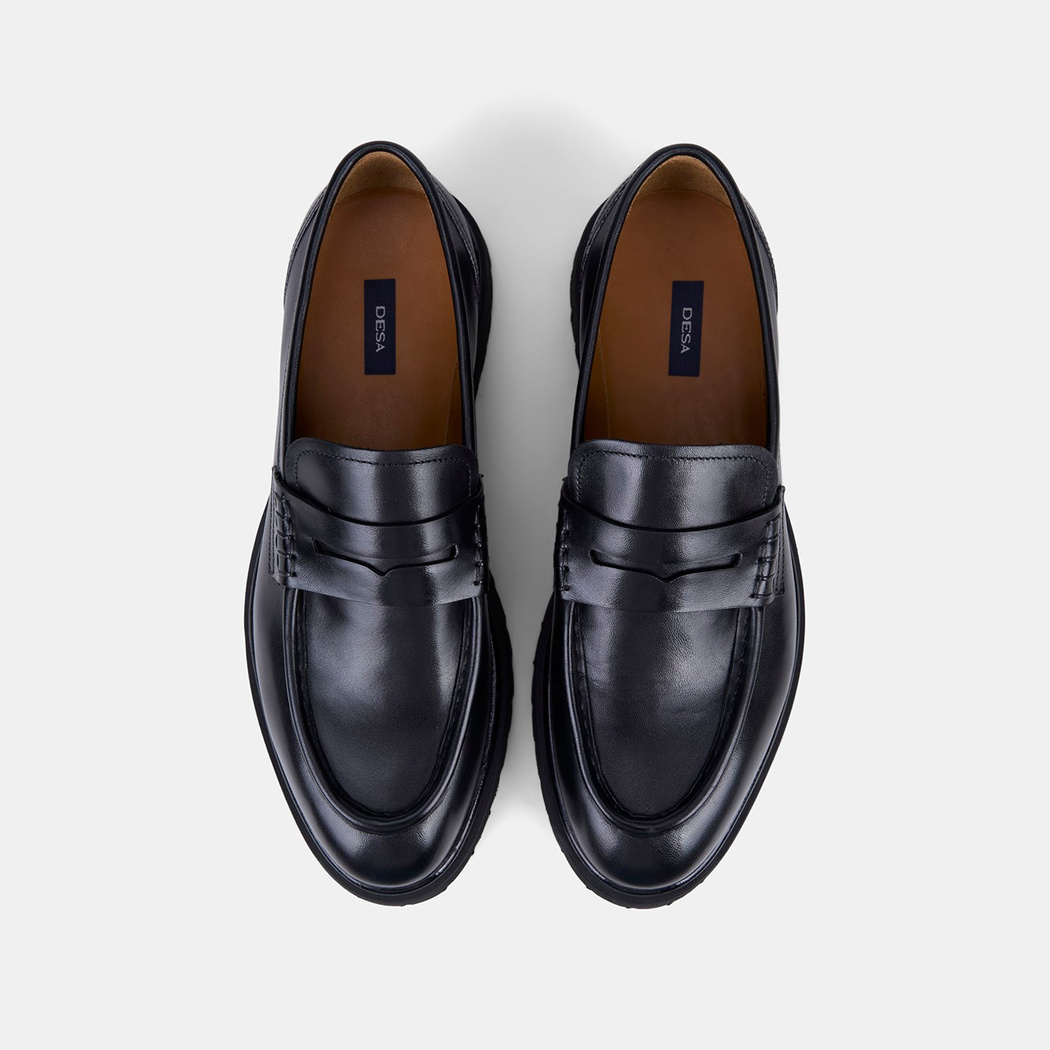 Erkek Siyah Apron Dikişli Kalın Tabanlı Deri Loafer