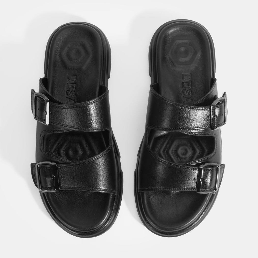 Erkek Siyah Ayarlanabilir Tokalı Deri Terlik