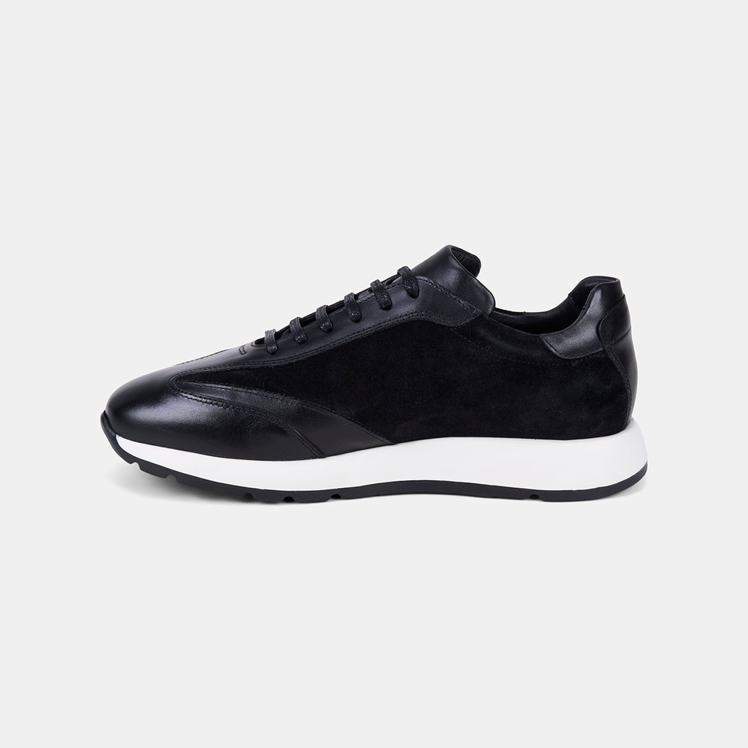 Erkek Siyah Bağcıklı Süet Detaylı Deri Sneaker