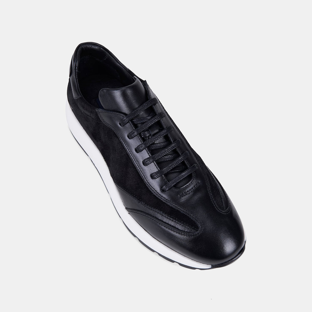 Erkek Siyah Bağcıklı Süet Detaylı Deri Sneaker