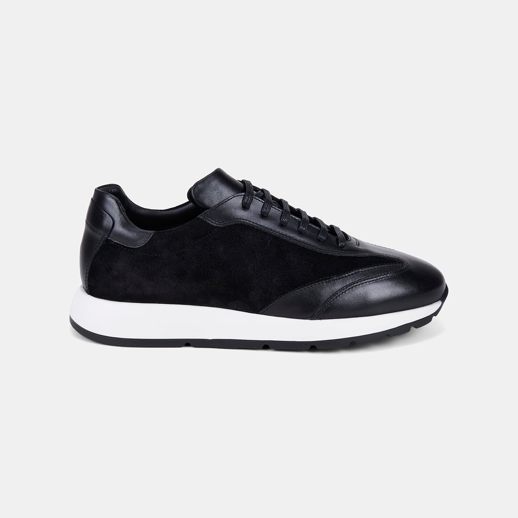 Erkek Siyah Bağcıklı Süet Detaylı Deri Sneaker