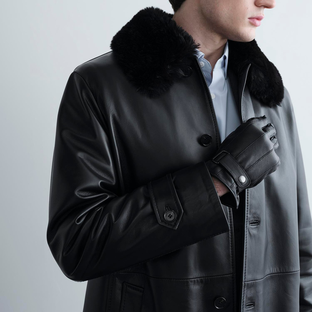 Erkek Siyah Gömlek Yakalı Deri Kaban