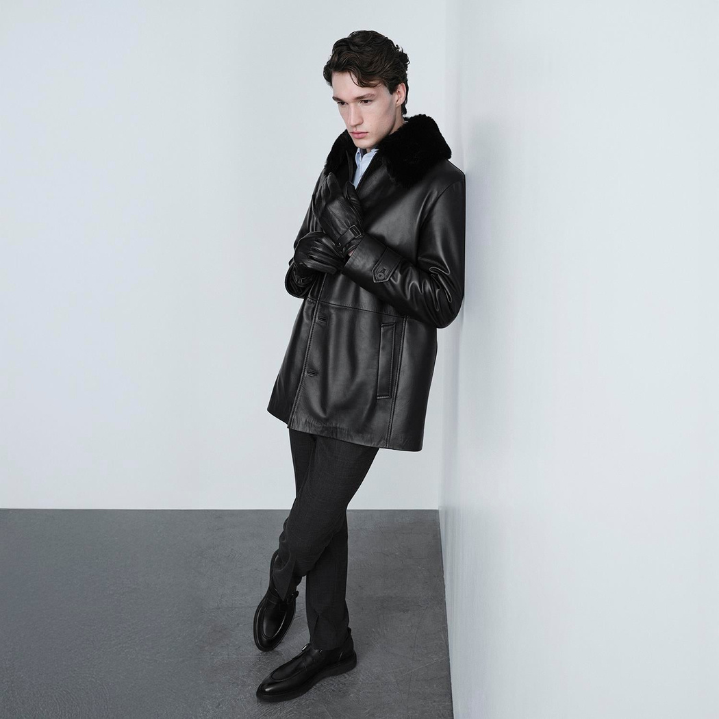 Erkek Siyah Gömlek Yakalı Deri Kaban