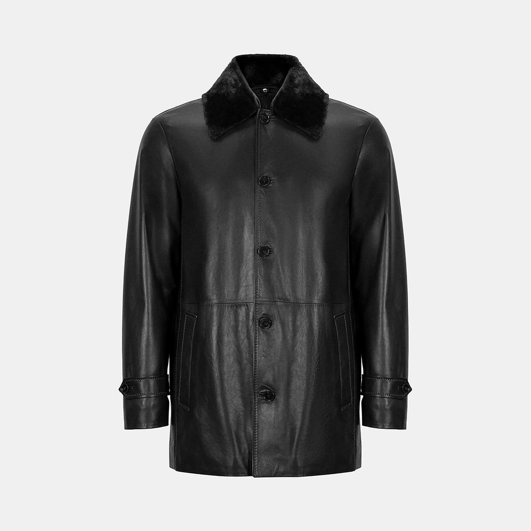 Erkek Siyah Gömlek Yakalı Deri Kaban